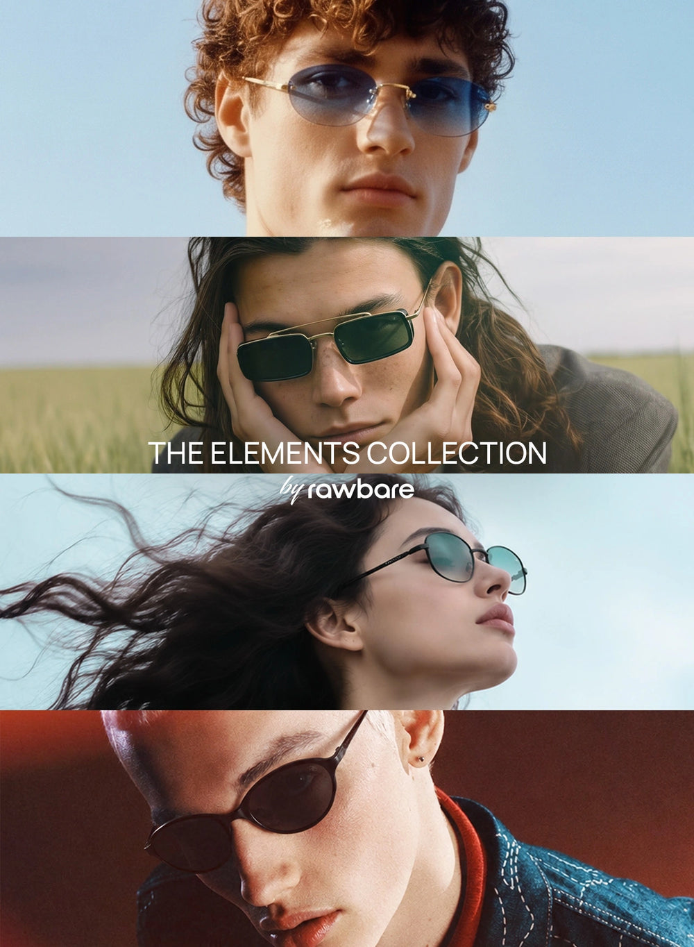 The Elements collection by Rawbare, four models wearing Earth, Flame, Air and Marine sunglasses